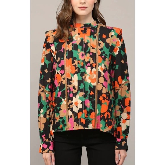 Fate Tops - Fate Floral Long Sleeve Mock Neck Tucked Lace Insert Blouse Women's Size Large